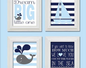 Nautical Nursery Wall Print- Nursery Art - Count the waves in the sea - Whale - Sailboat Dream Big-Baby Blue and Navy - 8X10 JEPG Download