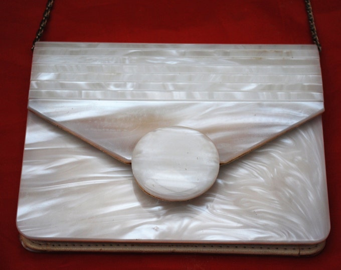 White Lucite Purse Clutch Mother of pearl plastic leather Mod Evening Bag