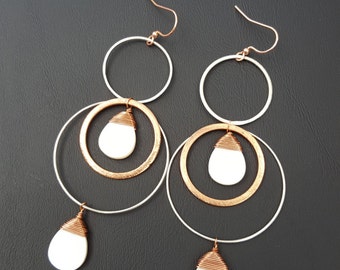 Mixed Metal Earrings - Mother of Pearl Earrings - Long Dangle Earrings - Shell Earrings - White Earrings - Handmade - Textured - Layered