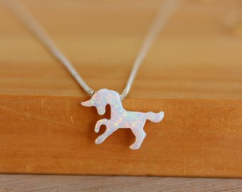 Unicorn Necklace / White Opal Unicorn Pendant / Opal Choker / Unicorn Jewelry / Opal Necklace / Sterling Silver / Animal Necklace / Fantasy