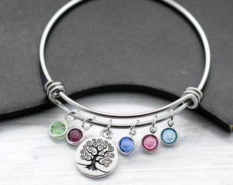 Mom Family Tree Bracelet - Bangle Bracelet for Mom - Kid's Birthstones - Gift for Mom - Mother's Day Bracelet - Family Tree Birthstone