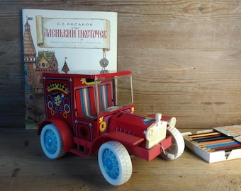 Vintage Retro car Tin toy Soviet circus car Hi-Hi,red made in USSR Soviet Old circus car