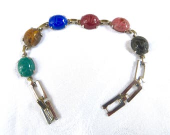 Vintage Sterling Scarab Bracelet, Egyptian Revival Gemstone Scarabs, Sterling Silver Links, Scarab Jewelry