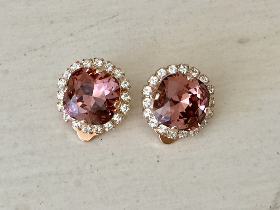 Blush Rose & Clear Swarovski Crystal Clip On Earrings, Rose Gold