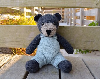 Bear Stuffed Animal, Knit Bear, Stuffed Bear, Bear in Overalls, Wool Toy, Teddy Bear Doll, Handmade Toy, Baby Gift, Plush Bear, Kids Toy