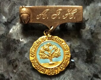 School teachers PTA Pin 1956-1957-National Congress of Parents & Teachers 1897-Gold filled Brooch Blue Enamel Oak Tree Vintage teachers gift