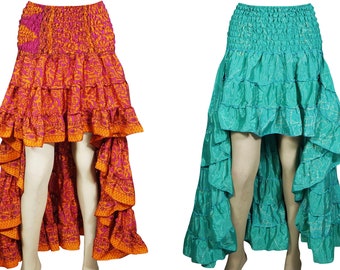 Bright Color High-Low Maxi Skirt 2pc Recycled Vintage Sari Gypsy Ruffle Flirty Flare Summer Skirts S/M