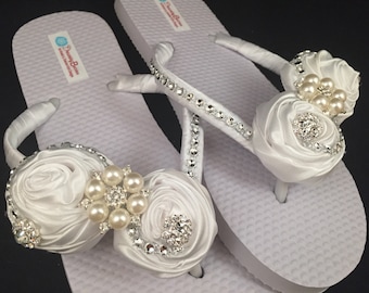 Satin Rolled Roses Bridal Flip Flops Custom Flip Flops Dancing Shoes Bridal Sandals Rose Rhinestone Wedding Flip Flops Beach Wedding Shoes