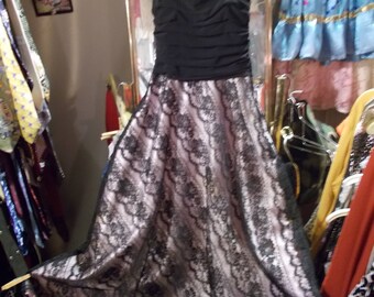 Scott McClintok" Black ruched gown w Lace skirt, S