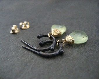 Prehnite earrings, mixed metal, pale green, small hoop, green briolette, dotted hoop, prehnite dangle, green drop, gold and silver