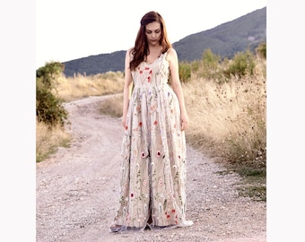 Custom made Embroidered Tulle Dress, Floral Dress, Beige Pink White Maxi Dress, Floral Gown
