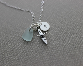 Sterling Silver Kayak Charm Necklace - Genuine Sea Glass - Personalized Initial Disc - Paddler, Watersports, Hawaii Outdoors - gift for her