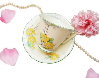 Royal Grafton Teacup with Yellow Flowers, Art Deco, Hand Painted, Collectible Tea Cup, Gift for Her