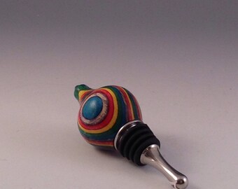 Fun wood wine stopper, acrylic finish, stainless steel , rubber, one of a kind, 4 inches tall