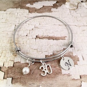 30th birthday gift, silver charm bracelet, Initial Charm Bracelet, adjustable bangle, 30th birthday bracelet, pearl bracelet, gift for her