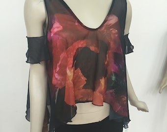 Black Red Chiffon Asymetrical Crop Top. Cold Shoulder Casual Summer Top.