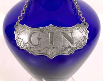 Vintage Gin Decanter Label / Newport Style Gin Liquor Tag by Stieff Pewter, Man Cave Bar Decor