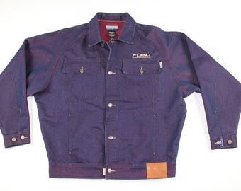 90s FUBU Full Button Monochromatic Spell Out Denim Jean Jacket Mens XL, Vintage Denim Jean Jacket, Jean Jacket, Vintage Fubu Jacket Blue