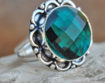 Dioptase quartz Ring, round cut Dioptase quartz sterling silver ring, Dioptase quartz Solid silver ring Jewelry