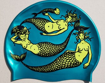 Three Mermaids and a Tadpole - swim hat designed by Nancy Farmer - silicone swimming cap, swimwear with mermaids and a baby mermaid