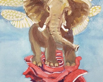 Elephant Fairy Original Watercolor and Gouache Painting