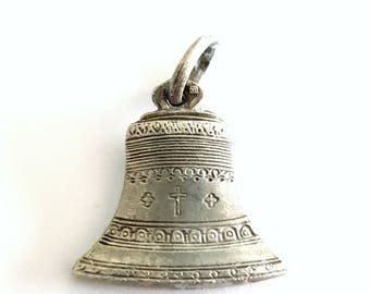 vintage bell medal, silver plated, Jesus pendant, christian jewelry
