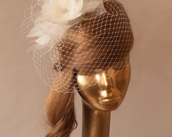 Ivory Birdcage Veil with Feather Flower Bridal Fascinator.