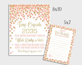 First Birthday Time Capsule Printable Coral And Gold Confetti Time Capsule Sign & Message Cards 1st Birthday Party Ideas For Girls