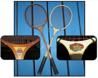 TWO - Vintage Wooden Badminton Rackets Racquets with Spalding Wood Frame Press, Cortland Fairplay, Buckingham Sports, Tacoma Washington