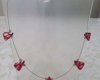 Fuschia triangular glass/swarovski crystal necklace on kink free wire with magnetic clasp