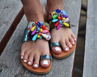 Leather sandals "Mermaid", Boho sandals, Beaded sandals, Greek sandals, Handmade sandals, Colorful sandals, Hippie sandals, Ethnic sandals