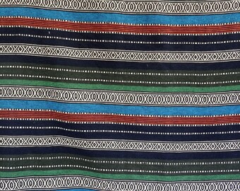 Ethnic, blue/green and black striped woven cotton canvas