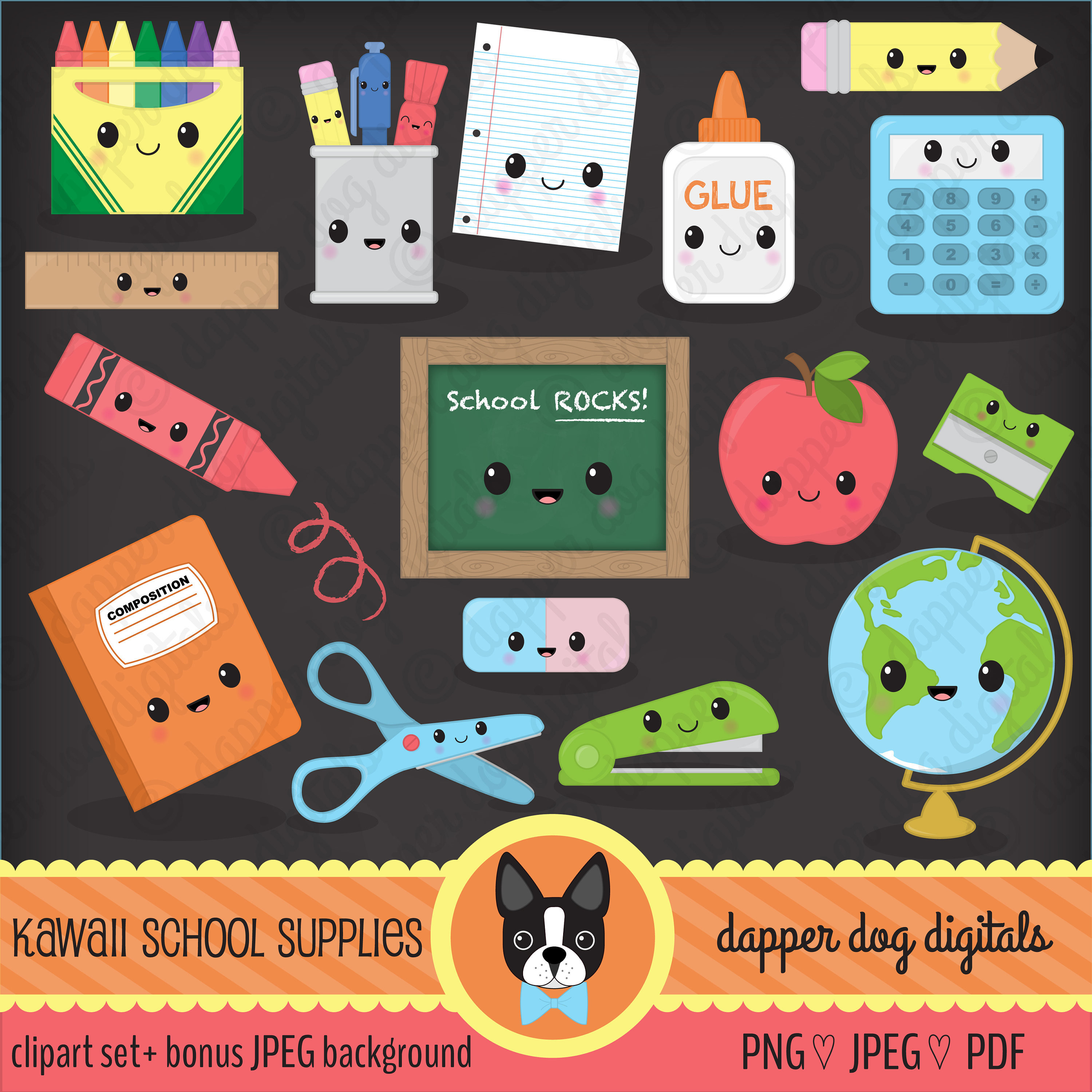 Kawaii School Supplies Clipart Pack - Commercial Use, Vector Images