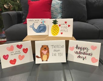 5 Hand-painted watercolor Valentine's Day cards (envelopes included).