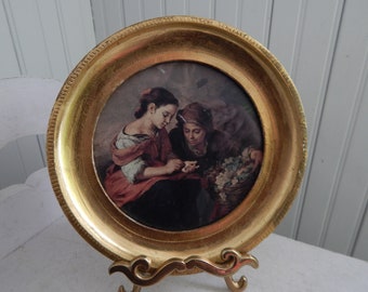 Italian Florentine Gold Gilt Round Framed Art Print - Round Gold Wood Frame - Made in Italy - G. Vanghi, Florence - Vintage Florentine Frame