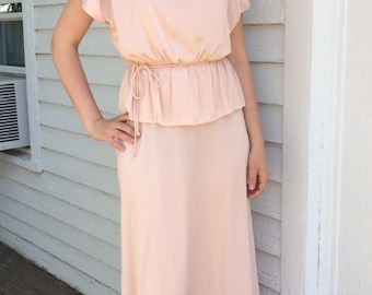 70s Grecian Dress Maxi Goddess Formal Gown Vintage Pale Pink S