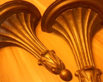 Florentia Wooden Sconces, Gold Tone, Made in Italy, Vintage Pair, 12" by 10" by 5"