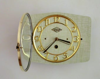 French 1950-60s Atomic Age LUTETIA - Pale Olive Green Wall Clock - Freeform Shape - Good Working Condition