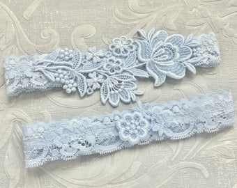 Blue Lace Wedding Garter Set, Blue Garter Set, Lace Garter, Toss Garter, Simple Lace Garters - Available in Ivory or White - "Flora"