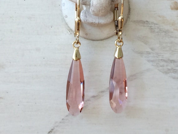 Blush Rose Crystal Raindrop Earrings, 14k Yellow Gold Filled