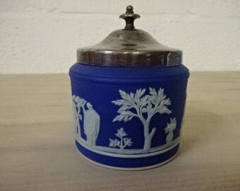 Wedgwood Blue Jasperware Preserve Pot/Sugar Pot/Blue Jasperware/Wedgwood China/Jasperware/China Pot/Lidded Pot/Blue & White/Vintage