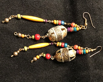 Vintage Long Drop Dangle Earrings, Mulitcolor Beads