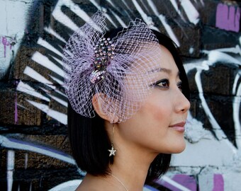 Peacock Headband Bow Purple With Crystal Peacock With Violet French Veil