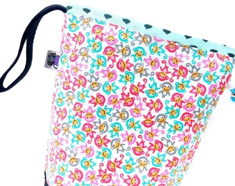 Small Knitting Project Bag Crochet Drawstring Tote WIP Bag - Naughty Little Monkey