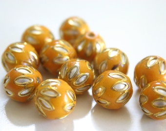 SALE Mustard floral spheres - Floral Cloisonné Meena beads (2) 12mm