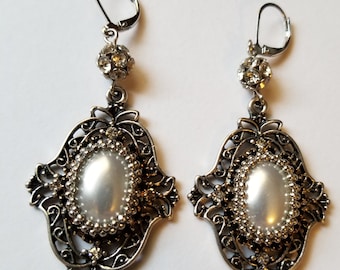 Pearl and Oxidized Silver Brooch Earrings