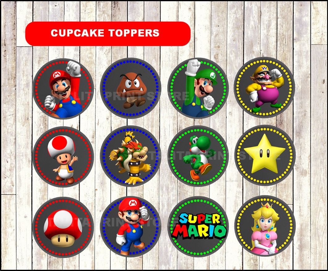 Super Mario Bros Chalkboard Cupcakes toppers printable Mario