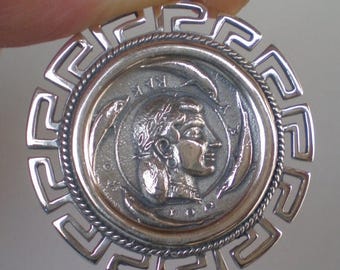For Sale Artemis Silver X-LargeCoin Pendant with Meander Design-Syracuse Dekadrachm-Diana