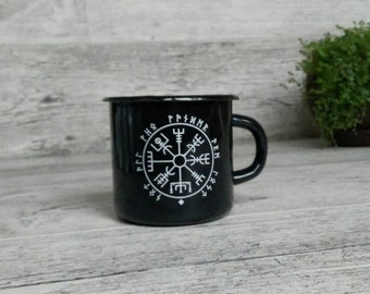 Black Enamel Mug Cup * Viking Compass Print Design * Enamel Cup Mug * Camping Mug * Travel Mug * Icelandic Compass symbol viking Vegvisir