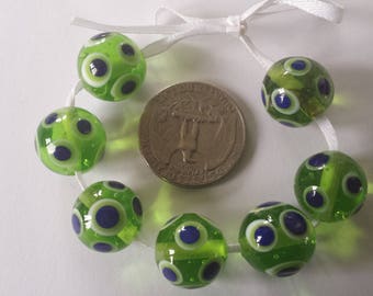 Lime Green Transparent Handmade Glass Lampwork Beads with Blue and White Polka Dots, Bead Set of 7, SRA